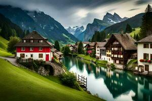 photo fond d'écran montagnes, le ciel, eau, Maisons, le village, Suisse, le Al. généré par ai