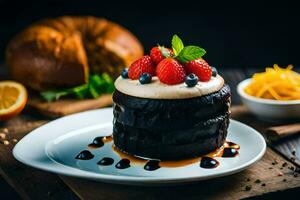 une Chocolat gâteau avec baies et crème sur une plaque. généré par ai photo