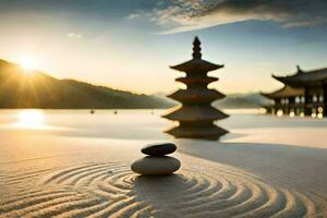 une Zen jardin dans le le sable avec une pagode dans le Contexte. généré par ai photo