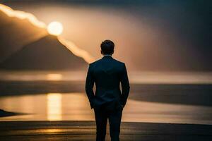 une homme dans une costume des stands sur le plage à le coucher du soleil. généré par ai photo