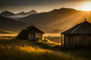 le Soleil monte plus de le montagnes dans le Contexte. généré par ai photo