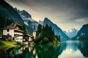 une maison est assis sur le bord de une Lac entouré par montagnes. généré par ai photo