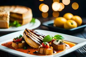 une assiette de nourriture avec une tranche de gâteau sur il. généré par ai photo