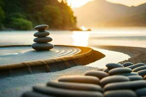 une Zen jardin avec des pierres et l'eau. généré par ai photo