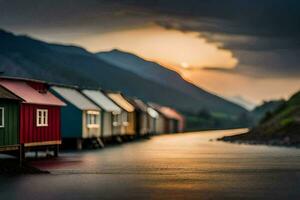 coloré Maisons ligne le rive de une rivière à le coucher du soleil. généré par ai photo