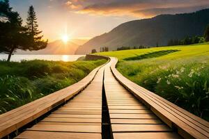 une en bois chemin pistes à le Soleil. généré par ai photo