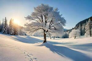 une arbre dans le neige avec le Soleil brillant. généré par ai photo