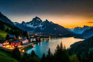 le Soleil ensembles plus de une Lac et montagnes dans le Contexte. généré par ai photo