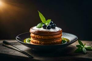 une empiler de Crêpes avec myrtilles et menthe sur une noir plaque. généré par ai photo