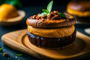 une empiler de Trois hamburgers au fromage sur une en bois planche. généré par ai photo