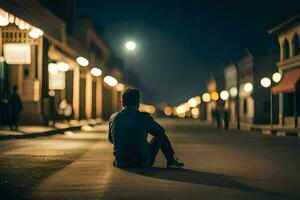 une homme séance seul sur le rue à nuit. généré par ai photo