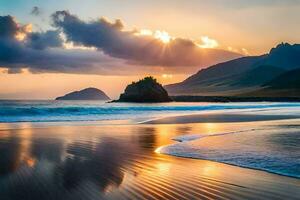le coucher du soleil sur le plage, montagnes, eau, plage, HD fond d'écran. généré par ai photo