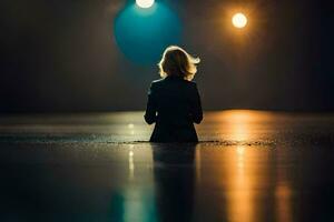 une femme séance dans le milieu de une humide route à nuit. généré par ai photo