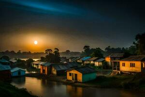 une village à le coucher du soleil avec Maisons sur le l'eau. généré par ai photo