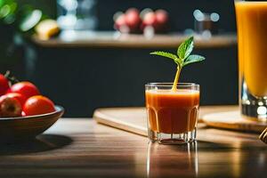 une verre de jus suivant à une bol de tomates. généré par ai photo