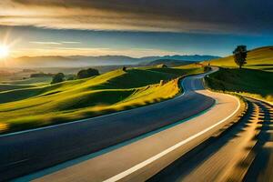 une route dans le Soleil. généré par ai photo