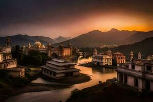 le le coucher du soleil plus de le ville de rajasthan. généré par ai photo