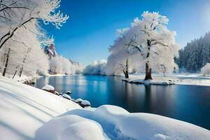 hiver paysage avec neige couvert des arbres et rivière. généré par ai photo