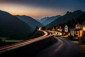 une longue exposition photo de une route dans le montagnes. généré par ai