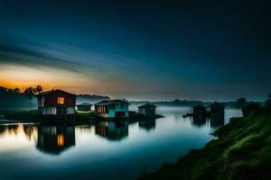 Maisons sur le l'eau à le coucher du soleil. généré par ai photo