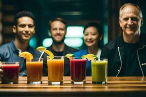 une groupe de gens en portant en haut les boissons avec différent des fruits et des légumes. généré par ai photo