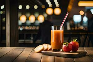 une verre de jus avec des fraises sur une en bois tableau. généré par ai photo