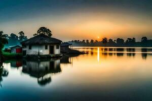 une petit cabane est assis sur le rive de une Lac à le coucher du soleil. généré par ai photo