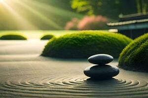 une Zen jardin avec des pierres et herbe. généré par ai photo