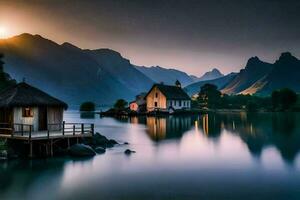 photo fond d'écran le ciel, montagnes, lac, loger, loger, le soleil, le montagnes,. généré par ai