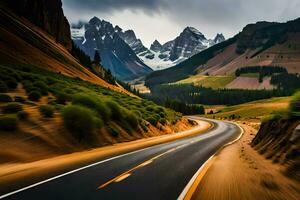 une route dans le montagnes avec montagnes dans le Contexte. généré par ai photo