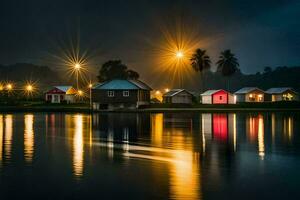 Maisons sur le l'eau à nuit avec lumières brillant sur eux. généré par ai photo