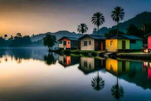 coloré Maisons sur le l'eau à lever du soleil. généré par ai photo