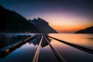 une train des pistes dans le milieu de une Lac à le coucher du soleil. généré par ai photo