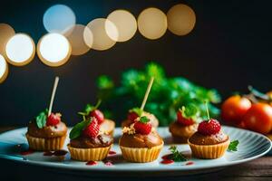 mini petits gâteaux avec des fraises et cerises sur une plaque. généré par ai photo