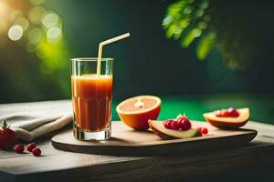 une verre de jus avec des fraises et framboises. généré par ai photo