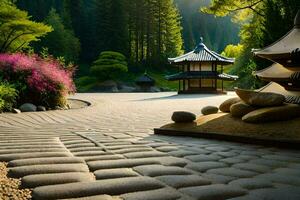 une pierre chemin pistes à une pagode dans le milieu de une forêt. généré par ai photo
