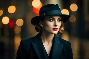 une femme dans une noir chapeau et costume. généré par ai photo