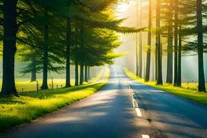 une route dans le milieu de une forêt avec des arbres. généré par ai photo