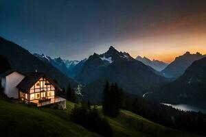 une cabine dans le montagnes à le coucher du soleil. généré par ai photo