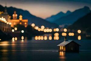 une petit maison est assis sur le bord de une Lac à nuit. généré par ai photo