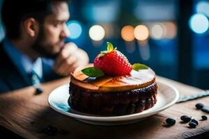 une homme dans une costume est à la recherche à une gâteau avec des fraises. généré par ai photo