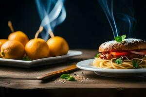 une Burger avec spaghetti et citrons sur une tableau. généré par ai photo