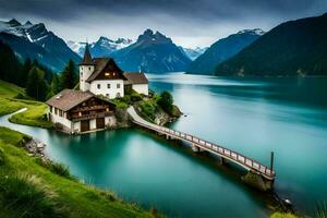 une magnifique Lac et une église dans le montagnes. généré par ai photo