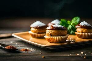 mini petits gâteaux avec cannelle et sucre sur une plaque. généré par ai photo