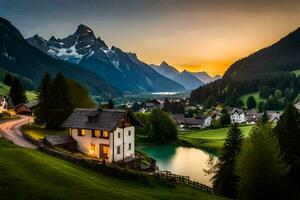 le maison dans le montagnes. généré par ai photo