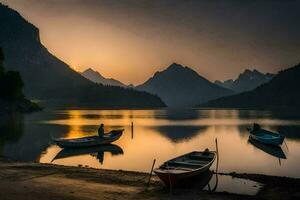 bateaux sur le Lac à le coucher du soleil. généré par ai photo