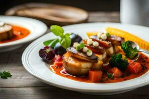 une assiette de nourriture avec des légumes et Viande. généré par ai photo