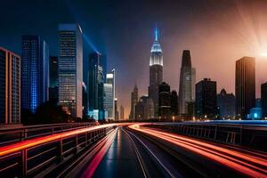 une ville horizon à nuit avec lumières sur le route. généré par ai photo