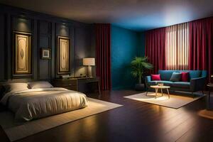 une chambre avec une bleu mur et en bois étages. généré par ai photo
