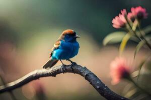 une bleu oiseau séance sur une branche avec rose fleurs. généré par ai photo